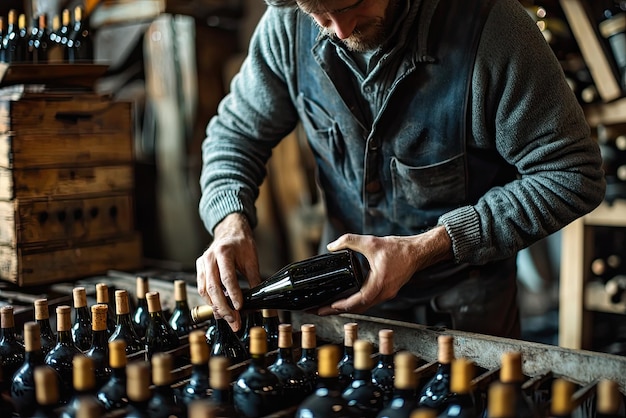 Photo a winemaker carefully corking bottle of wine in rustic setting