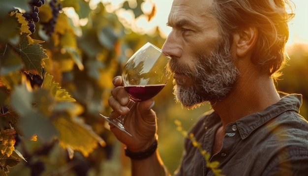 Photo a winemaker inspects red wine grapes in a vineyard at sunset to assess quality before harvest aig58