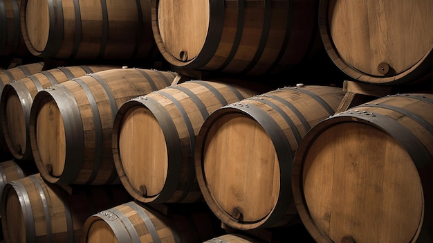 Winery basement with wooden barrels and racks of old wine bottles AI generated