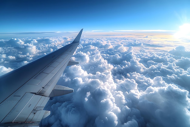 Wing of an airplane flying above the clouds during sunrise with clear blue sky