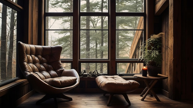 Wing chair against of window near wooden logs cut