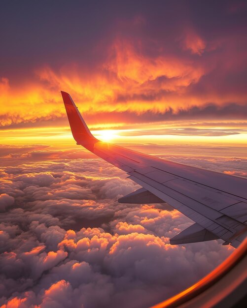 the wing of a plane is flying above the clouds