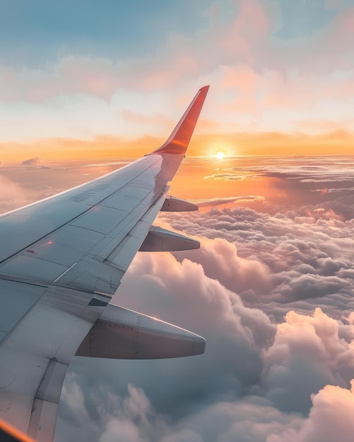 a wing of a plane is flying above the clouds