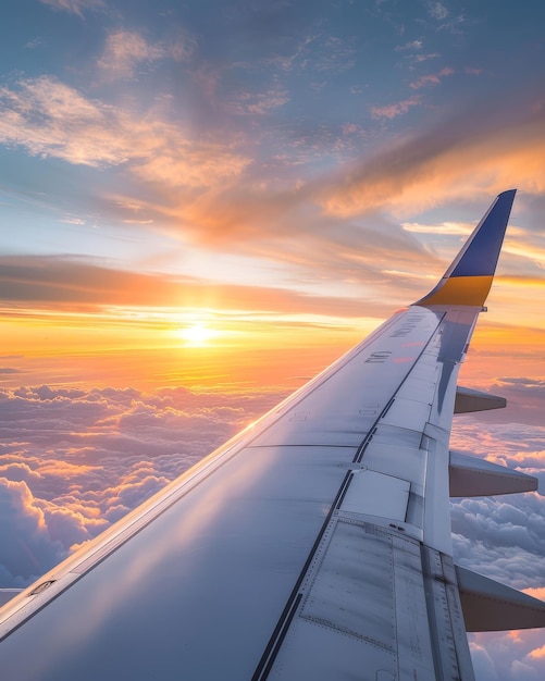 a wing of a plane with the sun setting behind it