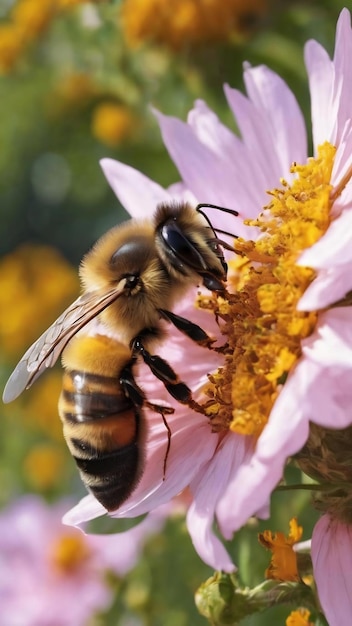 Winged bee slowly flies to beekeeper collect nectar on private apiary from live flowers