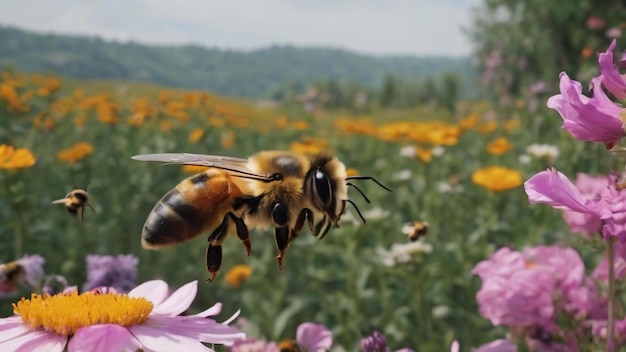 Winged bee slowly flies to beekeeper collect nectar on private apiary from live flowers