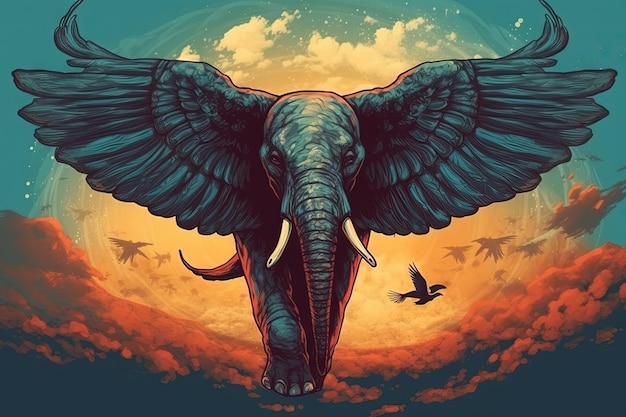 Winged blue elephant at sunset illustration generative ai