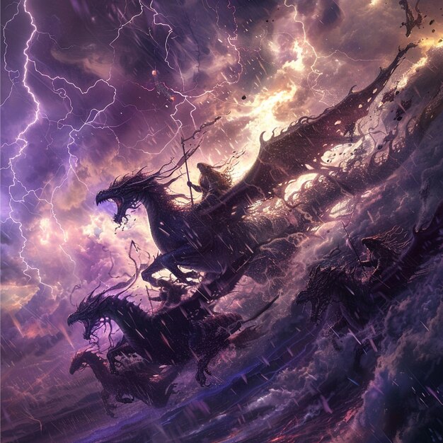 Photo winged serpent riders hustling through a tempest mythical beasts retaining lightning strikes