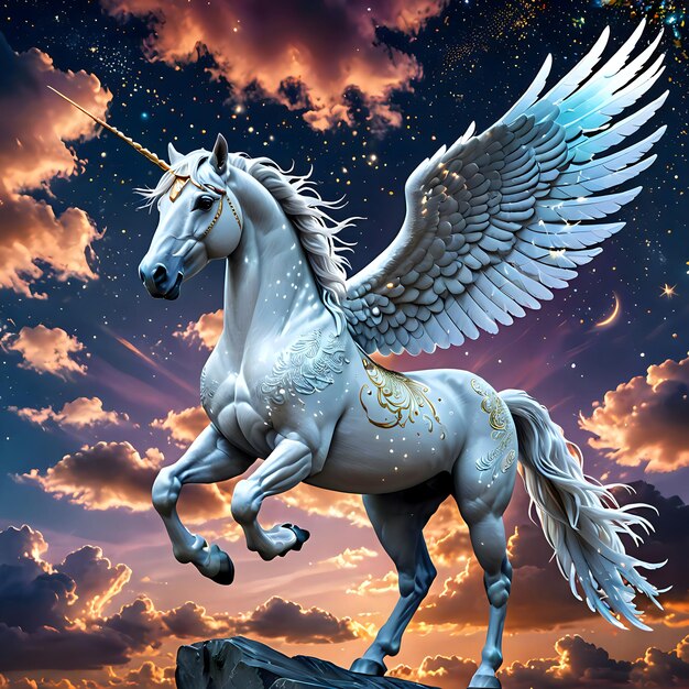 Winged Unicorn Against a Starry Sky