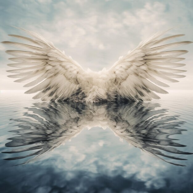 wings are spread out in the water with a cloudy sky in the background generative ai