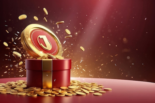 Photo winner banner template open red gift box with gold coins explosion soaring over circle podium