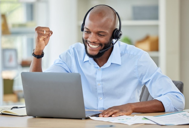 Winner success or call center black man with laptop in contact us office cheering customer deal or crm consulting Customer service ecommerce sales or happy communication worker in wow celebration