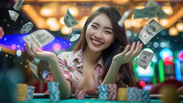 Winning poker elated Asian woman amid swirling money at the casino