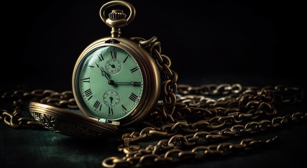 Wintage pocket watch with chain on black background generative AI