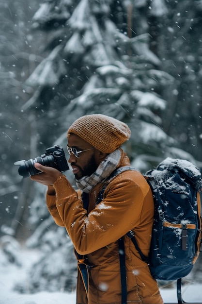 Photo winter adventure photography in snowy forest