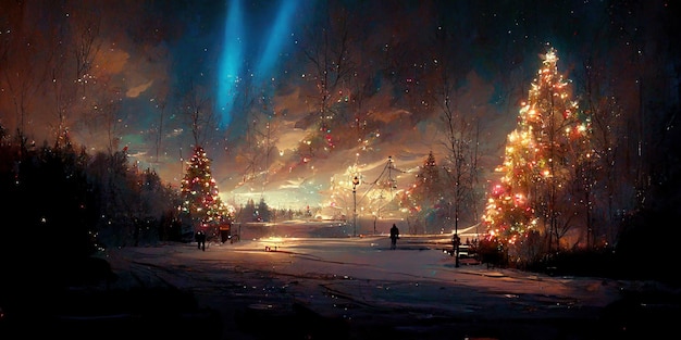 Winter aesthetic. Winter Landcaping. Digital illustration. Painting. Beautiful Scenario