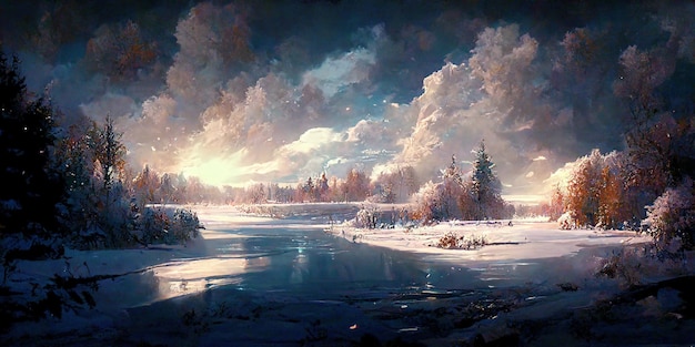 Winter aesthetic. Winter Landcaping. Digital illustration. Painting. Beautiful Scenario