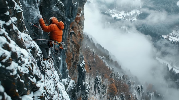 Photo winter ascent dedicated climber conquering mountain summit in foggy conditions from above