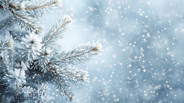 Winter background close up of frosted pine branch on a snowing day with copy space