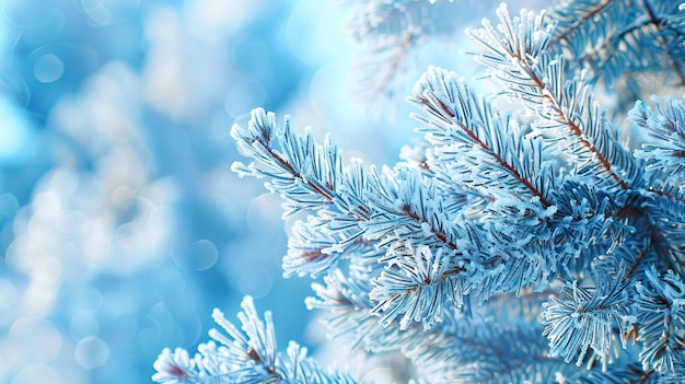 Winter background Frozen branch of cedar on a blue background