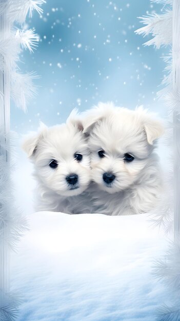 Winter background puppies frame art with space for text background image AI generated