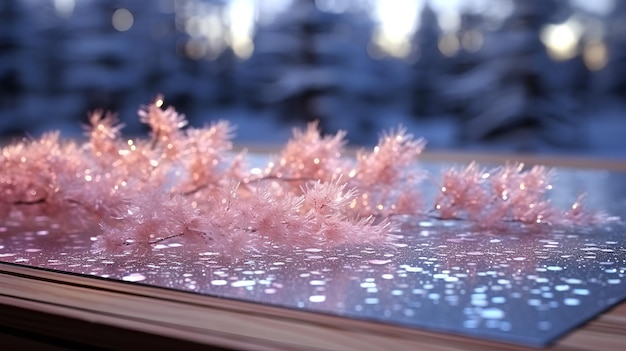 Winter background with fir branches and table desk AIgenerated