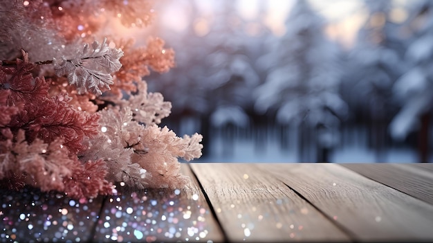 Winter background with fir branches and table desk AIgenerated