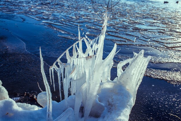 Winter background with icicles and empty space