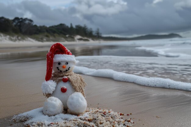 Winter Beach Smiling Sandy Snowman with Santa Cap on Blue Beach