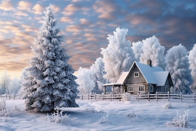 Winter beautiful landscape with trees covered with hoarfrost and old wooden house Generative ai art