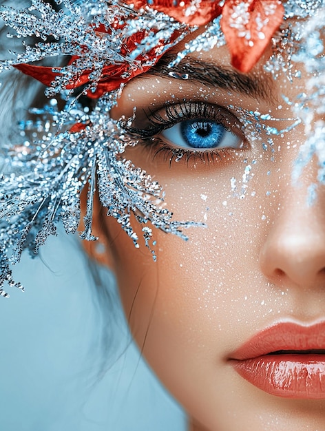 Photo winter beauty closeup of a woman with frosted makeup and sparkling decorations