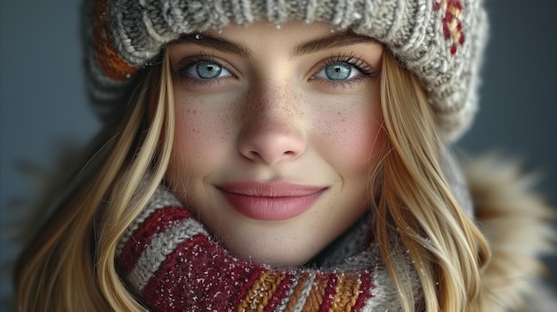 Winter beauty portrait woman in knit hat and scarf with snowflakes