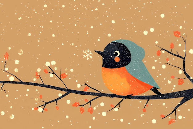 Winter Bird on Branch with Snow Falling