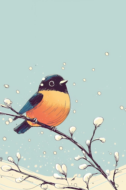 Winter Bird Illustration on a Branch