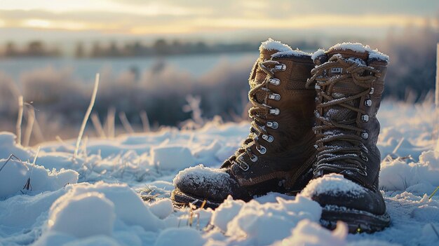 Photo winter boots in snowy field cozy and warm footwear in snow