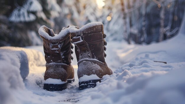 Photo winter boots on snowy trail cozy warm rugged scene