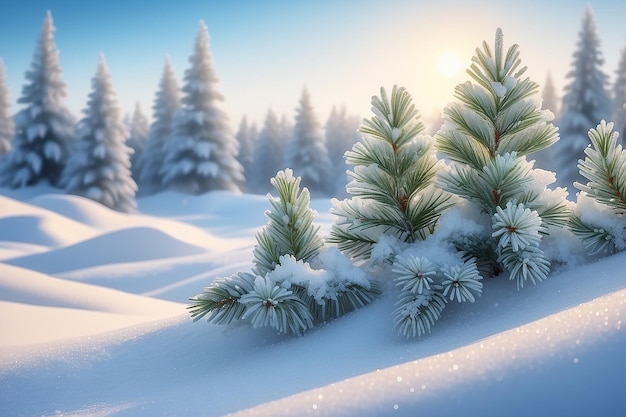 Photo winter bright background christmas landscape with snowdrifts and pine branches in the frost