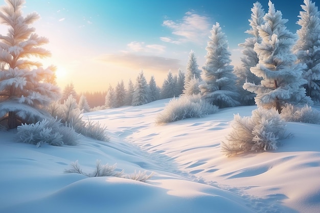 Photo winter bright background christmas landscape with snowdrifts and pine branches in the frost