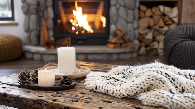 Winter cabin coffee table with a knitted blanket and a warm fireplace background