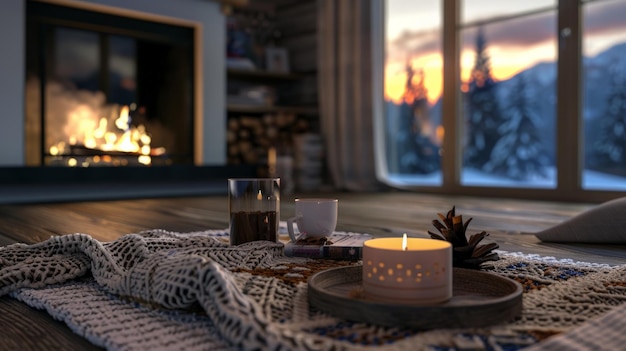 Winter cabin coffee table with a knitted blanket and a warm fireplace background