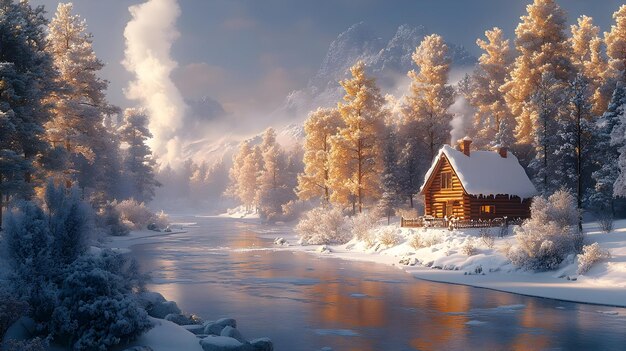 Winter Cabin Landscape Illustration