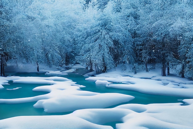 Winter Calm Stream in Mystical Pristine Forest Thicket 3D Art Work Background