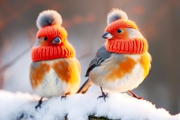 Winter card with cute two bullfinches birds in knitted hats on snowy branch on winter background