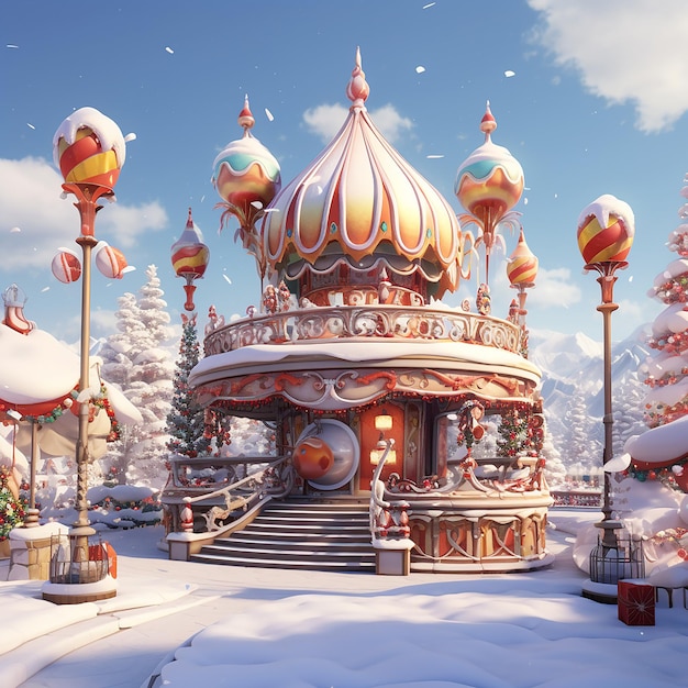 winter carnival with Frosty and a collection of animated snowmen riding a vibrant swirling carousel