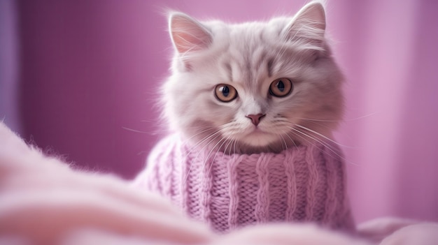 Winter Chic A Cat Sporting A Stylish Tiny Knit Sweater On Pastel Light Purple And Light Crimson Bac