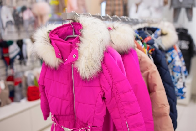 Winter children sports jacket on a hanger in the store