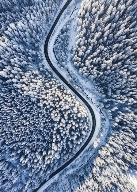 Winter chill Natural winter landscape from air Aerial view on the road and forest at the winter time Forest and snow