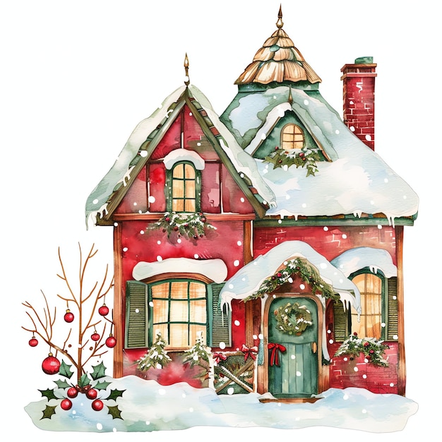 winter christmas house with snow watercolor winter christmas