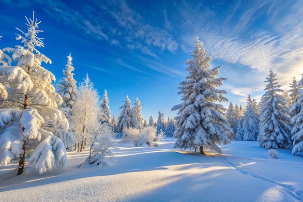 Winter Christmas idyllic landscape White trees in forest covered with snow snowdrifts and snowfall against blue sky in sunny day on nature outdoors blue tones