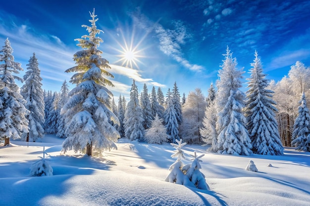 Winter Christmas idyllic landscape White trees in forest covered with snow snowdrifts and snowfall against blue sky in sunny day on nature outdoors blue tones